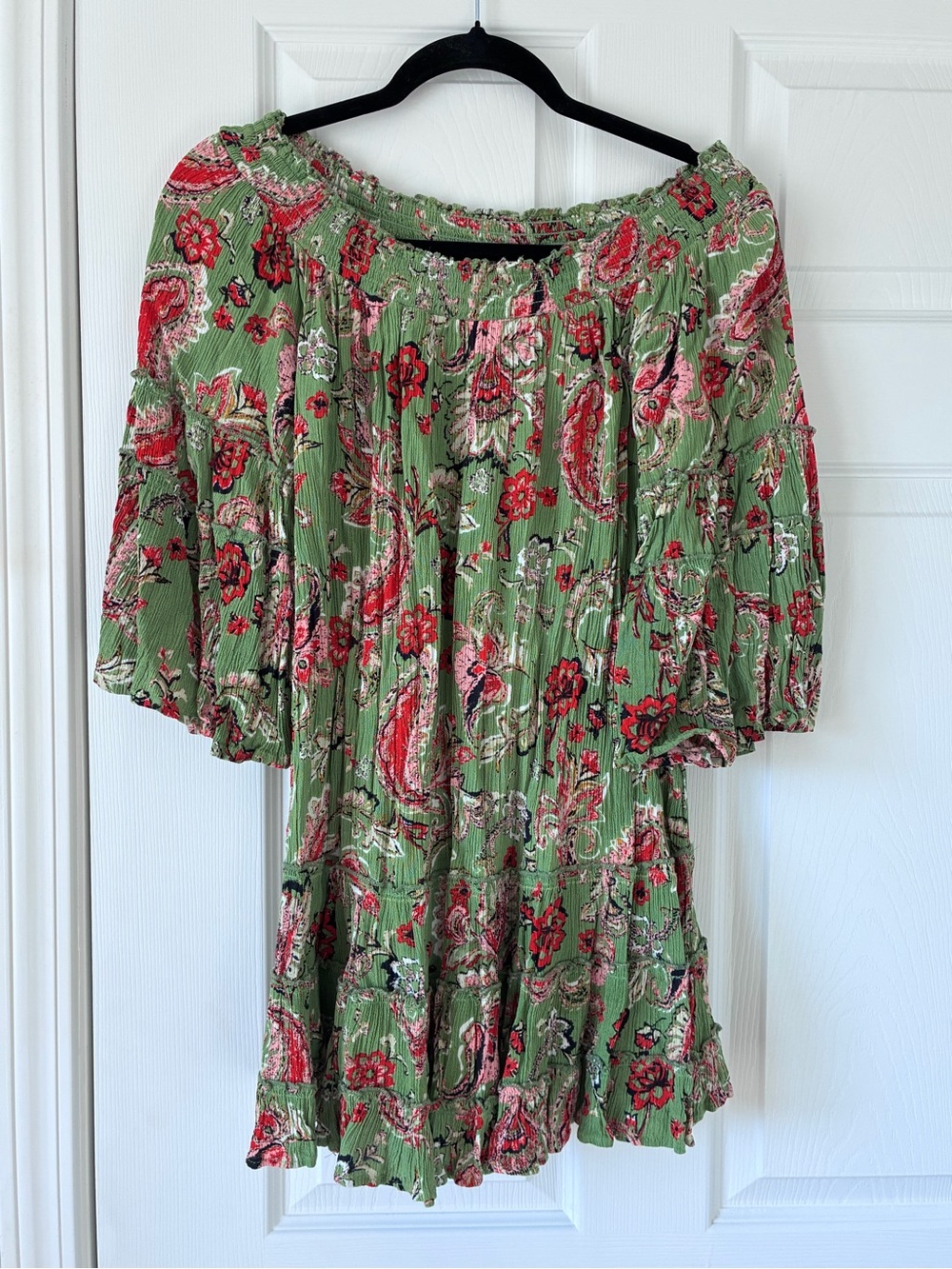 Green Floral Off-Shoulder Boho Tunic Dress with Red Paisley Print